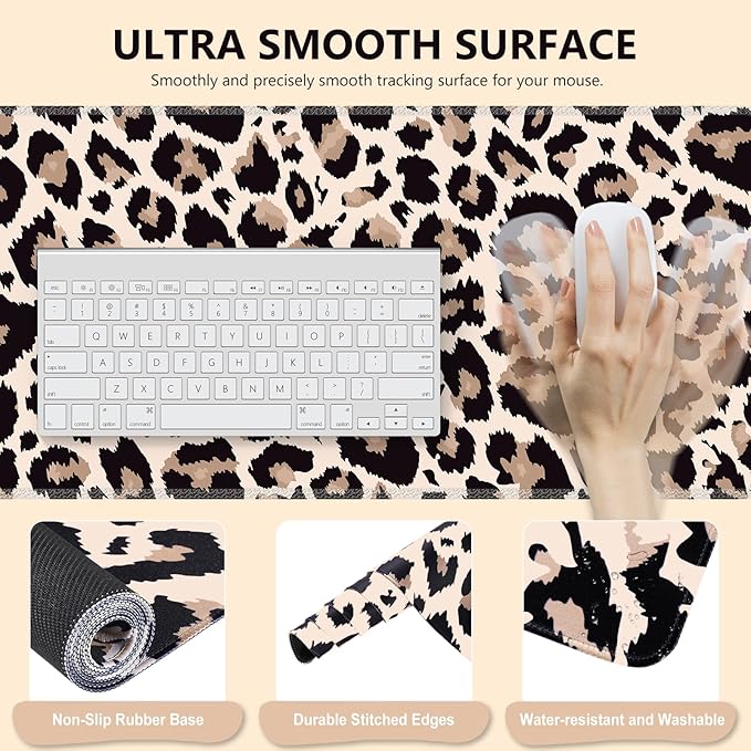 iLeadon Mouse Pad Set Desk Mat + Mouse Pad with Wrist Rest + Keyboard Wrist Rest + Coaster 4in1 Leopard Mouse and Keyboard Pad Set for Home Office Classic Leopard