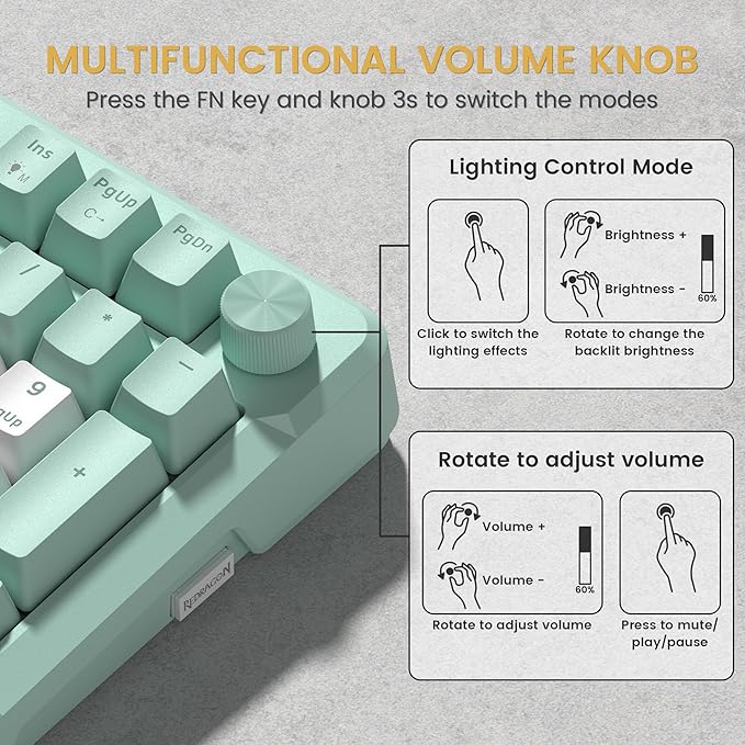 Redragon K742 Wireless Mechanical Gaming Keyboard with Knob Bluetooth 5.0/2.4GHz/USB C Wired Creamy Keyboard with Number Pad for PC Computer RGB Backlits Hot-Swappable with Linear Switches (Green)