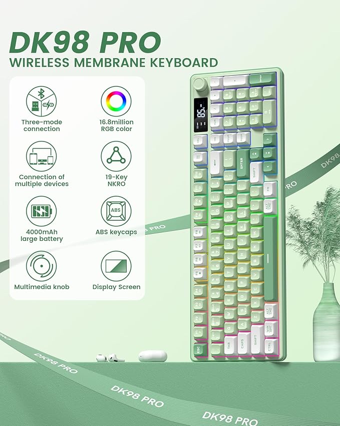 Keymatic Gaming Keyboard Wireless Creamy Keyboard with Media Knob &amp Screen Cute Keyboard Mechanical Feeling Membrane Keyboard with Number Pad RGB Backlit Tri-Mode BT/2.4GHz/USB-C - Green