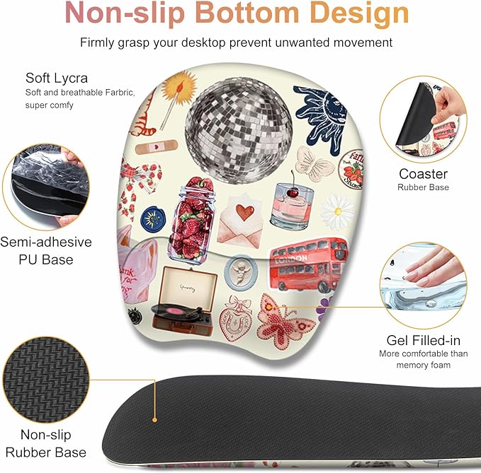 Beige Mouse Pad with Wrist Support 4 in1 Set XXL Big Game Mousepad + Keyboard Wrist Rest + Mouse Wrist Rest Pad +Coaster Gaming Mat for Home Office Work Computer I Cute Design Stickers