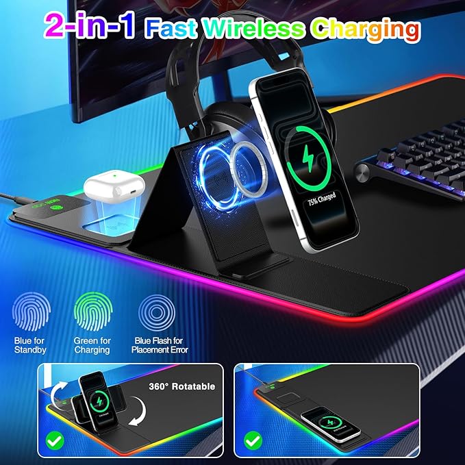 XXL RGB LED Gaming Mouse Pad with Magnetic Wireless Charger &amp Foldable Phone Holder 31.5x15.8 Extended Ultra-Smooth Desk Mat 25 Lighting Effects Non-Slip Base Includes 20W PD Adapter