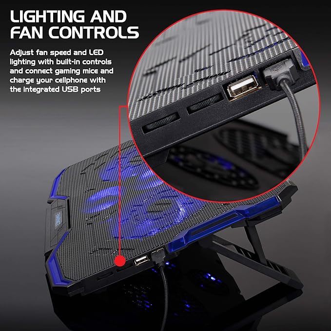 Enhance Cryogen Gaming Laptop Cooling Pad - Fits up to 17 inch Computer - Adjustable Laptop Cooling Stand with 5 Ultra Quiet Cooler Fans 2 USB Ports and LED Lighting - Slim Portable Design 2500 RPM