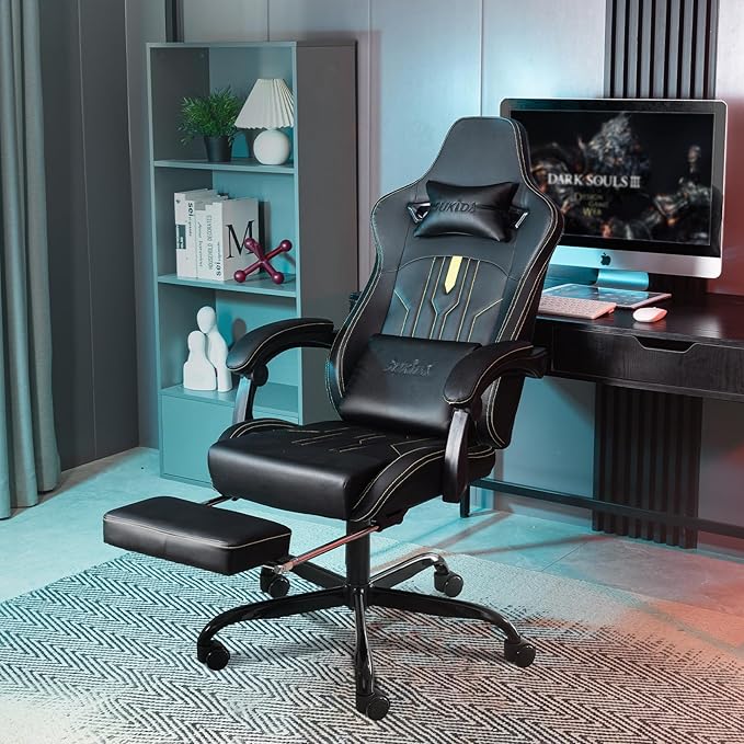 Gaming Chair with Footrest Ergonomic Computer Chair Massage Lumbar Cushion Racing Video Game Chair Adjustable Rocker Recliner Executive Office Desk Chair Pu Leather for Adults