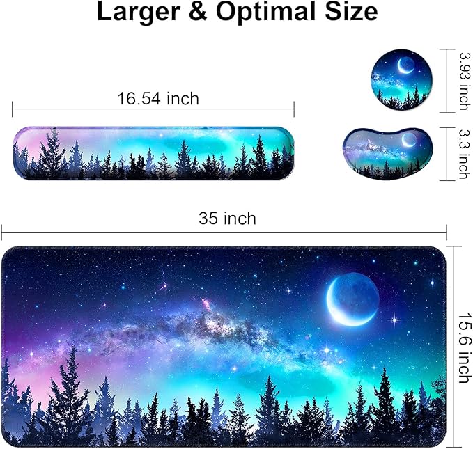 Keyboard Wrist Rest + Mouse Pad with Wrist Support + Desk Mat + Coaster 4 in 1 Set XXL Large Gaming Mousepad Cute Ergonomic Mouse Pads for Desk Computer Laptop Office Decor-Forest Moon