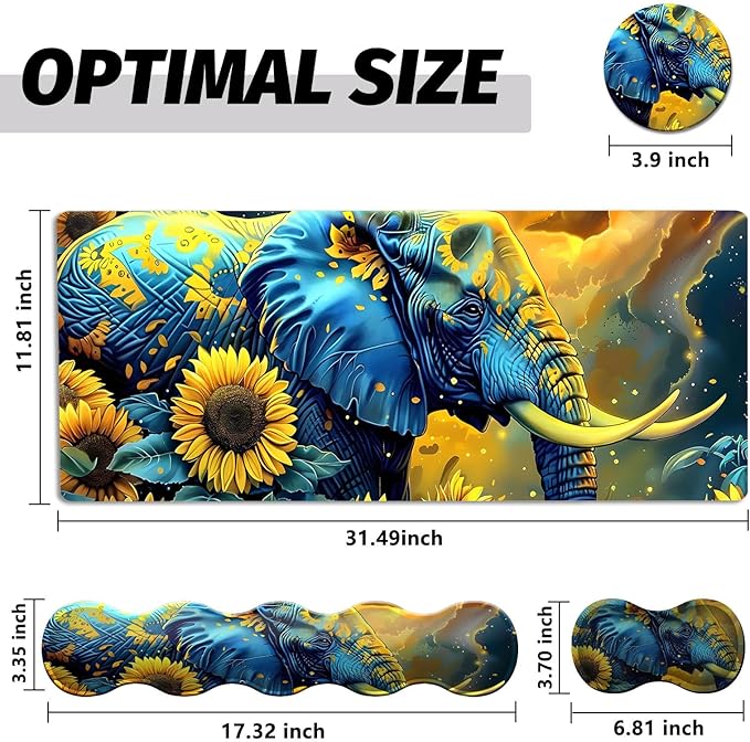 4 in 1 Large Gaming Mousepad Coaster Memory Foam Ergonomic Keyboard Mouse Wrist Rest Non-Slip Rubber Base Stitched Edges Office Desk Mat Protector for Computer Home Office Elephant Sunflower Field