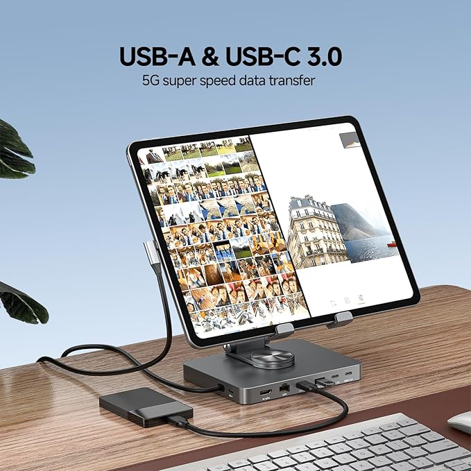 iPad Pro USB C Hub Stand10 in 1 Rotatable Multiport Adapter for iPad M4 M3 M2 Inch Docking Station 4K 60Hz HDMI PD SD/TF Card Reader USB 3.0 3.5mm Audio iPad Accessories for Home Office