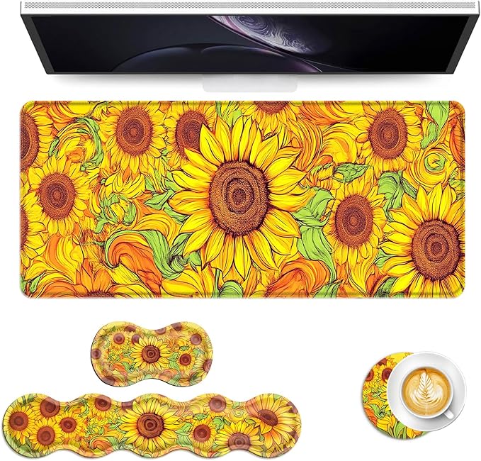Keyboard Mouse Pad Set Extended Gaming Mouse Pad+Ergonomics Keyboard Wrist Rest Support Memory Foam Easy Typing Pain Relief 4Pcs XL Ultra Thick Desk MatVibrant Sunflower Field