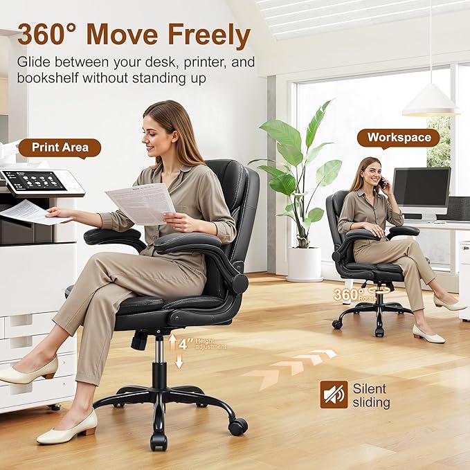 Leather Office Chair Upgraded PU Computer Desk Chairs with Double-Layer Seat Cushion and Neckrest 360°Swivel Ergonomic Small Gaming Chair with Wheels and Adjustable Armrests for Short People Black