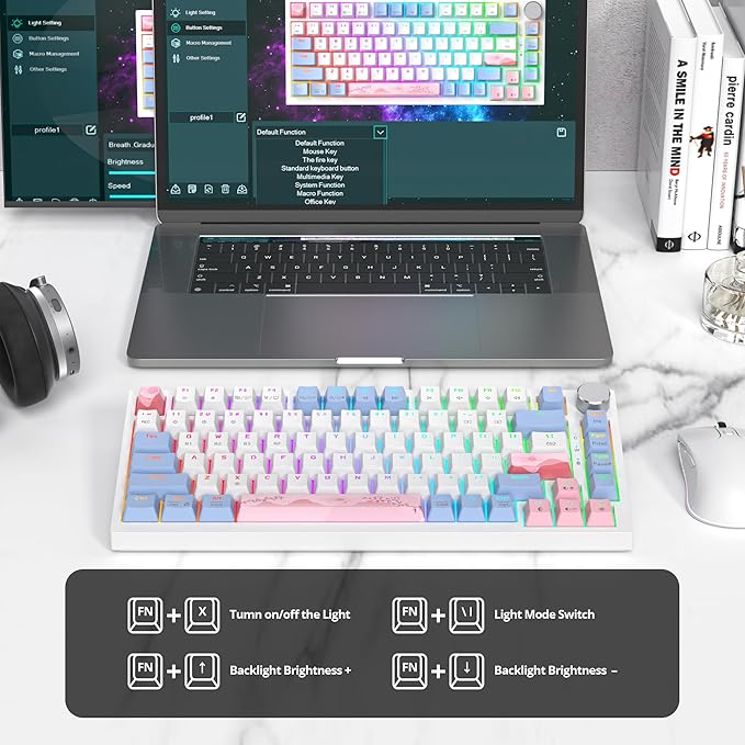 75% Wireless Creamy Pink Mechanical Keyboard Hot Swappable Custom Keyboard RGB Backlit Gasket Gaming Keyboard 2.4G/BT5.0/USB-C Mechanical Keyboard Pre-lubed Linear Gray Cream Switches