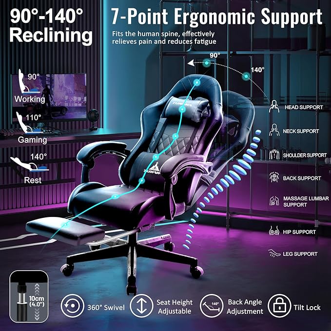 Gaming ChairErgonomic Massage Computer Office Desk Chair with FootrestPocket Spring CushionReclining Leather Adjustable Gamer Chair with Headrest and Lumbar SupportBlack