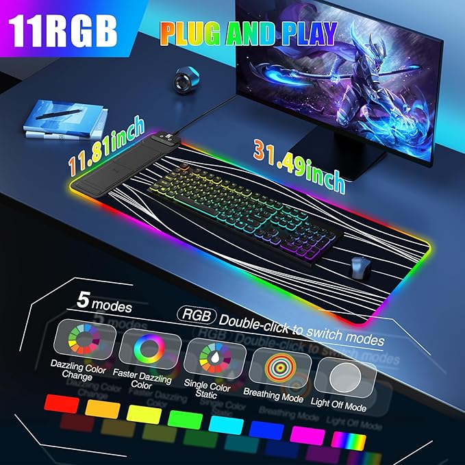 RGB Mouse Pad with Foldable Phone Stand &amp Wireless Charger 31.5x11.8 XL Gaming Mousepad Large Desk Mat Desk Pad with Dual Charging for Phone &amp AirPods | 11 Colors &amp 5 Modes | Waterproo