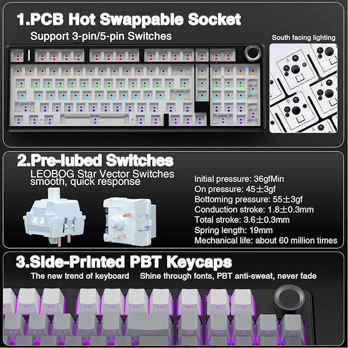 Aula F99 Pro Wireless Mechanical Keyboard with KnobTri-Mode BT5.0/USB-C/2.4GHz Hot Swappable KeyboardRGB Backlit PBT Keycaps Computer Gaming Keyboards (Renewed)
