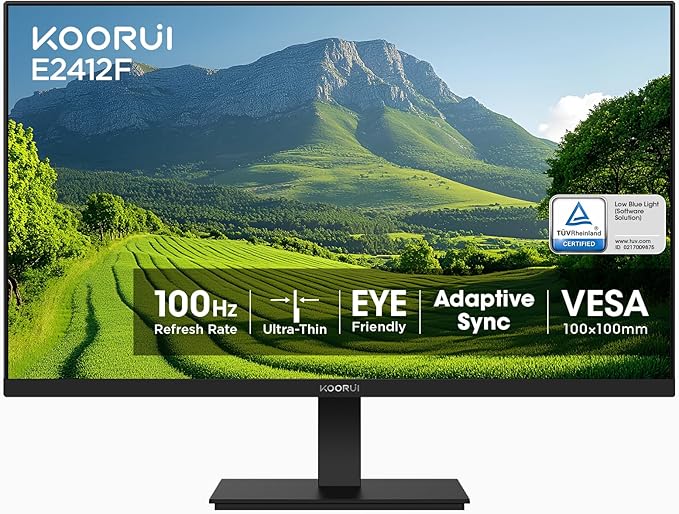 KOORUI 24-inch Computer Monitor Full HD 1920 x 1080p 100Hz VA Display 4000:1 Contrast Ratio with HDMI VGA TÜV Rheinland Certified 100 x 100 mm VESA Mountable Ultra-Slim Design Tilt Black E2412F