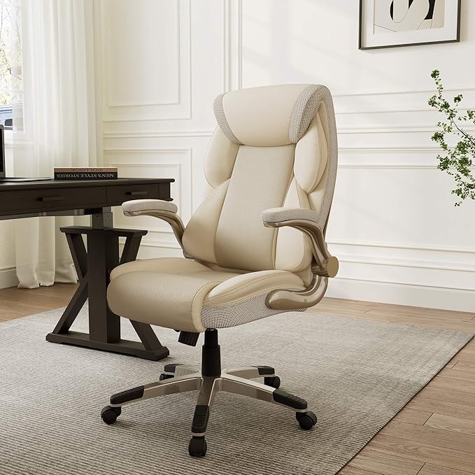 EUREKA ERGONOMIC Galene Executive Office Chair Flip Up Arm Rest Ergonomic Desk Chair Faux Leather Computer Chair High Back Office Chair with Headrest Home Office Desk Chairs with Wheels Beige