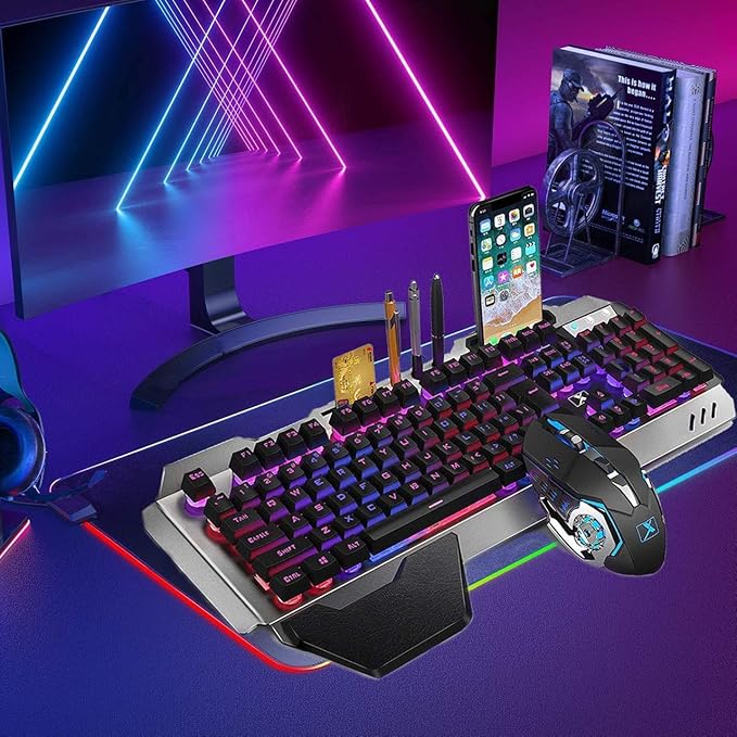 Wireless Gaming Keyboard and Mouse Combo with Rainbow LED Backlit Rechargeable 4800mAh Battery Metal Panel Mechanical Ergonomic Waterproof Dustproof 7Color Mute Mice for Computer PC Mac Gamer (Purple)