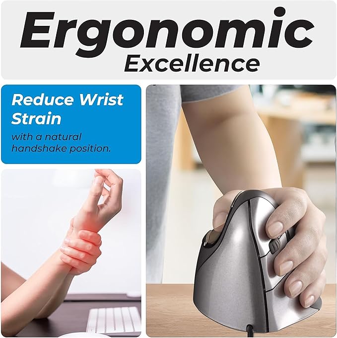 Evoluent – Inventor of The Vertical Mouse – VM4L Ergonomic Vertical Mouse Left Hand Wired USB Sculpted for Comfort Reduces Wrist Strain 4 Speeds 6 Customizable Buttons in Windows