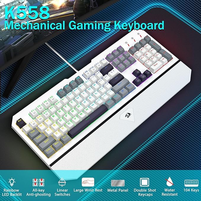 Redragon Mechanical Gaming Keyboard Wired Light Up Backlit Linear Switches 104 Keys Anti-Ghosting Big Wrist Rest Metal Frame Durable Keycaps for Computer PC Mac Xbox Gamers