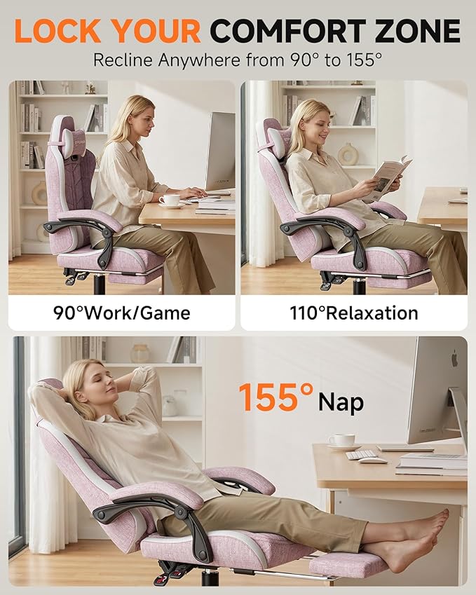 GTPLAYER Gaming Chair with Footrest Computer Gaming Chair for Adults and Kids Height Adjustable Gamer Chair with 90-155° Recline &amp Removable Headrest Lumbar SupportLinen Fabric Pink
