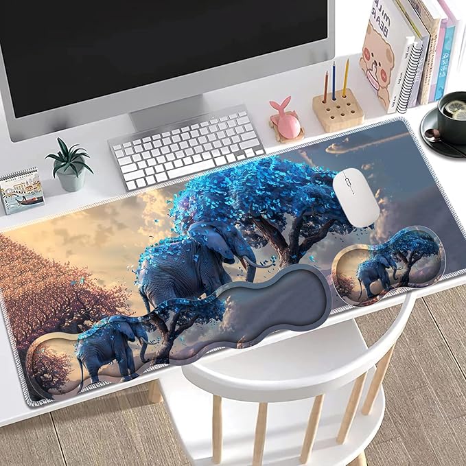 Large Gaming Mouse Pad + Keyboard Wrist Rest + Wrist Support + Coaster Set Memory Foam Ergonomic for Easy Typing XXL Extended Gaming Mouse Pad Table Pad - Blue Leaves and Elephants