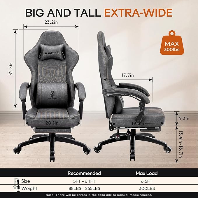 Dowinx Gaming Chair Breathable PU Leather Gamer Chair with Footrest Massage Lumbar Support Big and Tall Ergonomic Reclining Computer Chair with Pocket Spring Cushion for Adults Teens (Grey)