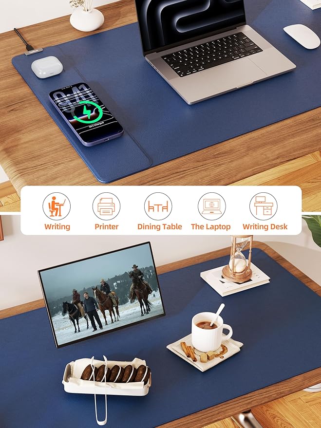 TopMade Mouse Pad with 15W Wireless Charging XXL Large Leather Desk Mat Waterproof Gaming Mousepad Home Office Desk Pad Protector Computer Keyboard Pad Mouse Mat for MacBook PC Laptop Blue
