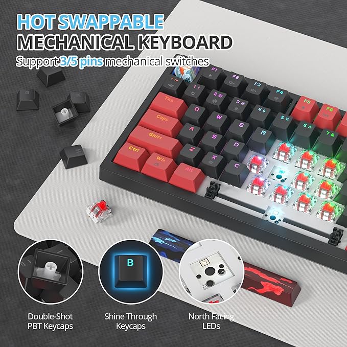 75 Percent Keyboard Gasket-Mounted with Sound Absorbing Pads 82-Key Compact Wired RGB Mechanical Gaming Keyboard Hot-Swap Socket for Win Red Black