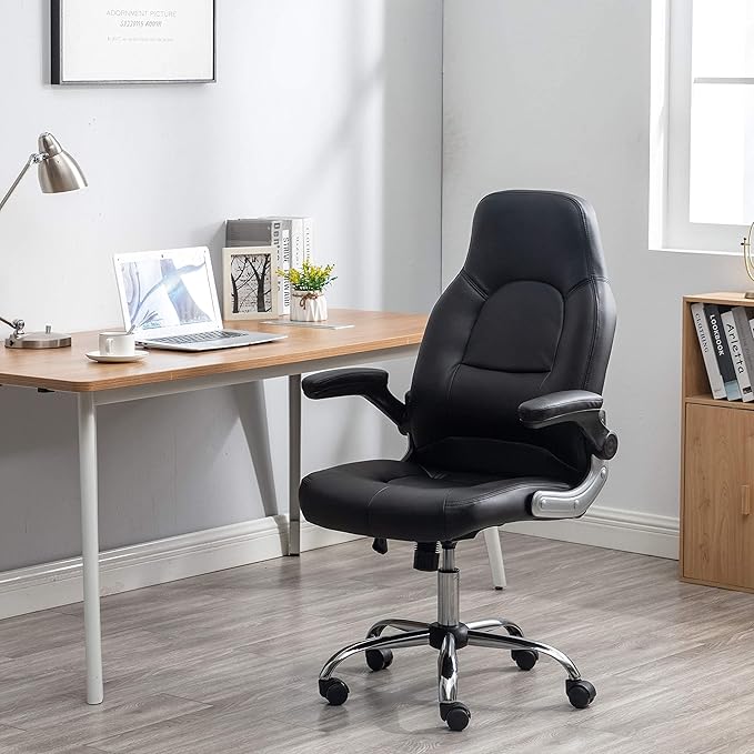 BTEXPERT Swivel Adjustable Black Home Office Gaming Chair Executive Flip up Arms with Lumbar Support Headrest PU Leather Executive High Back for Computer Adults Women Men