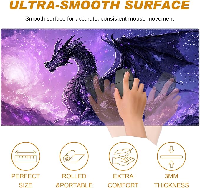 Desk Pad Large Game Mouse Pad + Small Mouse Pad + Wrist RestErgonomic Mouse PadTable Mat with Stitched EdgeAnti-SlipMemory Foam Desk Mat for Home Office Gaming(23.6×11.8in)Purple Dragon