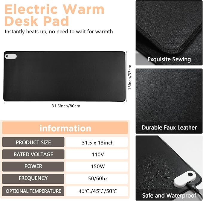 VIHOSE 2 Pcs Heated Desk Pad USB Mouse Hand Warmer Electric Warm Faux Leather Pad Large Safe Desk Keyboard Mat with 3 Heating Levels for Computer Users Gift Home Work Office Black