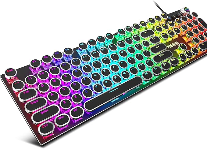 K968 Retro Typewriter Mechanical Gaming Keyboard - RGB Backlit Wired with Blue Switches Media Control Knob for PC