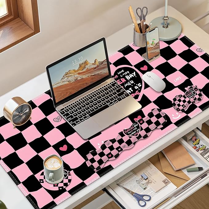 Desk Mat Gaming Mouse Pad Cute Desk Matt Keyboard Wrist Rest for Desktop Anti-Slip Big Mousepad Stitched Edges XXL Large Mouse Pad with Wrist Support for Home Office I Pink Black True Love