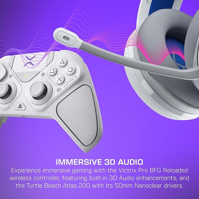 Bundle of Turtle Beach Atlas 200 Wired Gaming Headset Officially Licensed for PS5 &amp PS4 - White + Victrix Pro BFG Reloaded Wireless Gaming Controller Officially Licensed for PS5 PS4 PC - White