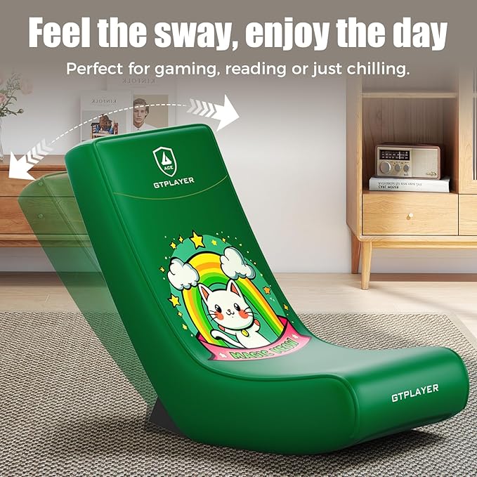 GTPLAYER Gaming Floor Rocking Chair – Rocker Floor Game Chair with Angle Limiter Stylish Patterned Design Comfortable Video Game Seat Green Cat Pattern