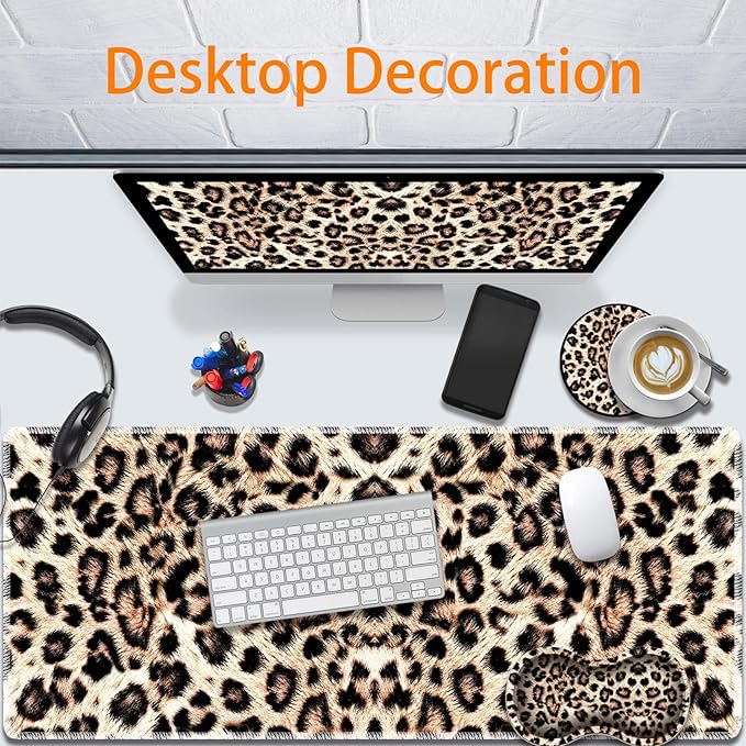 Durable Desk Mat + Wrist Rest Pad + Coasters Set Large Gaming Office Mouse Pad 31.5 x 11.8 Extended Non-Slip Rubber Keyboard Pad Laptop &amp Home Leopard Print Pattern
