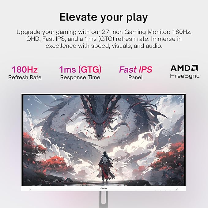 Pixio Two PX278 Wave White 27 inch 180Hz Refresh Rate FHD 1440p Resolution Fast IPS Panel 1ms GTG Response Time Gaming Monitor and PS1D Wave White Dual Monitor Arm - Fits up to 32 inches and 19.8lbs