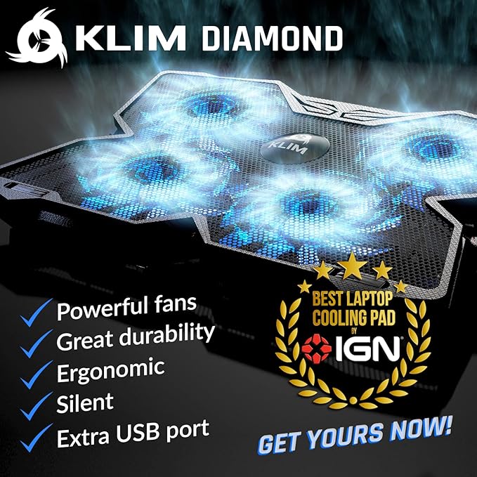KLIM Wind Laptop Cooling Pad - More Than 500000 Units Sold - New Version - Powerful Rapid Action Laptop Cooler - Laptop Stand with 4 Cooling Fans - 2 USB Ports - PC Mac PS5 PS4 Xbox One - Diamond