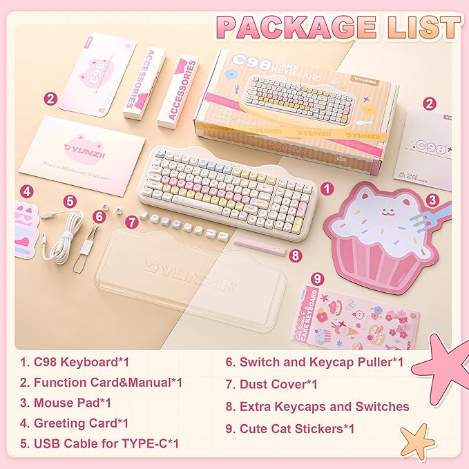 YUNZII C98 Wireless Mechanical Keyboard with Number Pad99 Key BT5.0/2.4G/USB-C Hot Swap Gasket Mount with PBT MOA KeycapsCustom RGBCute Cake Keyboard for Win/Mac (Beige Milk V2 Linear Switch)