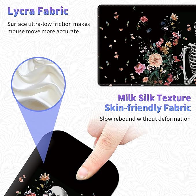 Large Mouse Pad Set Desk Mat + Elbow Rest Pad + Coaster Easy Typing Pain Relief Ergonomic Arm Rest Pad with Memory Foam Extended Desk Pad Anti-Slip Rubber Base for Office Home Floral Skull