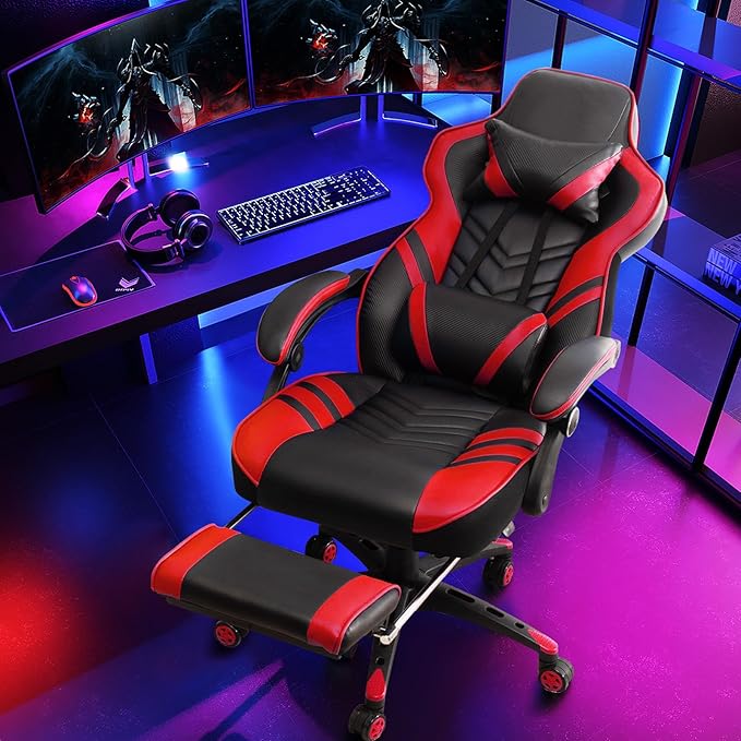 Goplus Gaming Chair Computer Chair with Footrest and Lumbar Support Height Adjustable Executive Swivel Rolling Task Chair with 90°-155° Tilt Function (Red)
