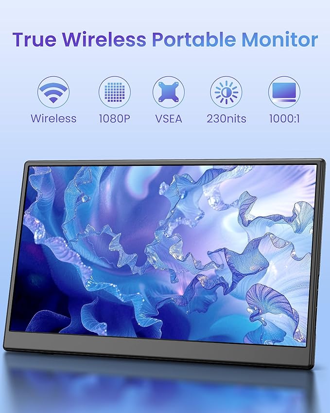 15.6 Wireless Portable Monitor FHD 1080P IPS Travel Monitor for Laptop Built-in G-Sensor Type-C &amp HDMI Foldable Stand PU Protective Case VESA Mount Blue Light Protection