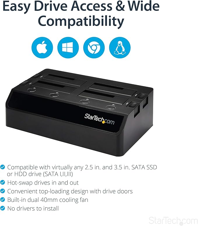 StarTech.com 4-Bay USB 3.0 To SATA Hard Drive Docking Station USB Hard Drive Dock External 2.5/3.5 SATA III SSD/HDD Docking Station Hot-Swap Hard Drive Bay Top-Loading (SDOCK4U33)Black