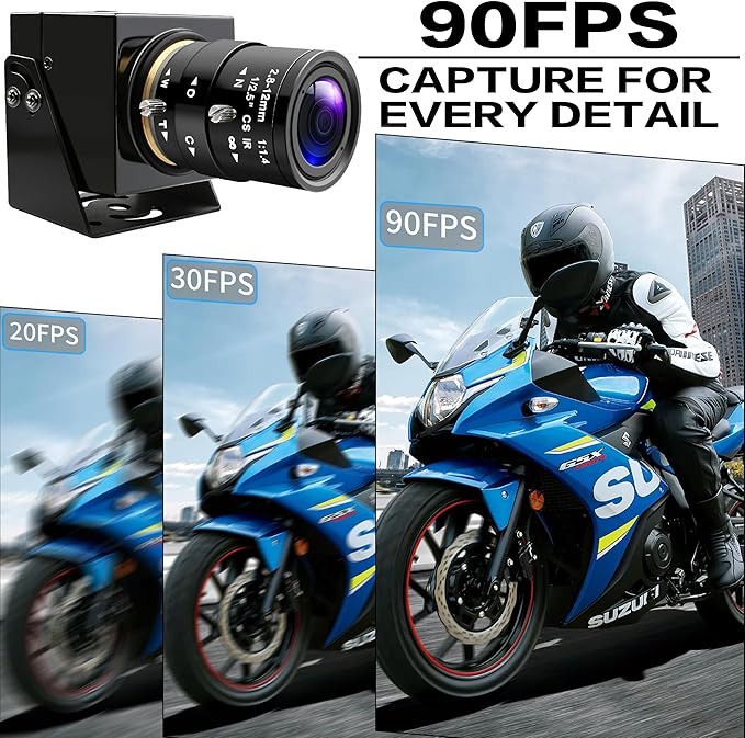 Global Shutter USB Camera 1200P Manual Zoom Webcam HD 90fps High Speed USB Camera with 2.8-12mm Lens Plug &amp Play for Machine Vision/High-Speed Inspection/Motion Analysis
