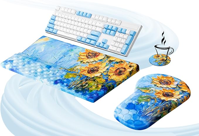 Ospelelf Ergonomic Mouse Pad and Keyboard Stand Wrist Rest Set Memory Foam Comfort Pain Relief for Typing Office Desk Accessories Sunflower