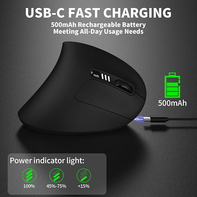 Uineer Ergonomic Mouse Wireless Bluetooth Rechargeable Vertical Mouse 7 Color LED 4 DPI Adjustable USB-A Wrist Strain ReliefOptical Mice for Computer/PC/Laptop Black