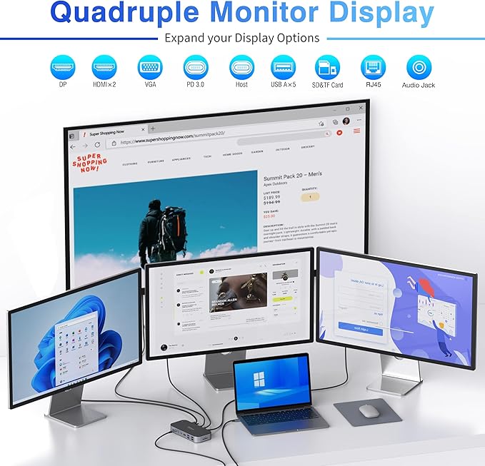 MOKiN Laptop Docking Station 4 Monitors 16 in 1 USB C Docking Station Triple Monitor USB C Dock with 2 HDMI DP 100W PD USB 3.1/3.0/2.0 RJ 45 Ethernet SD/TF Audio for Dell/HP/Lenovo/Asus/Acer