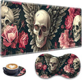 3-in-1 Large Mouse Pad Gaming Set (31.5 x 11.8 inch)+ Wrist Rest Pad + Coaster Memory Foam Gel Wrist Rest Pad for Pain Relief Stitched Edges Non-Slip Table Mat Rose Winged Skull