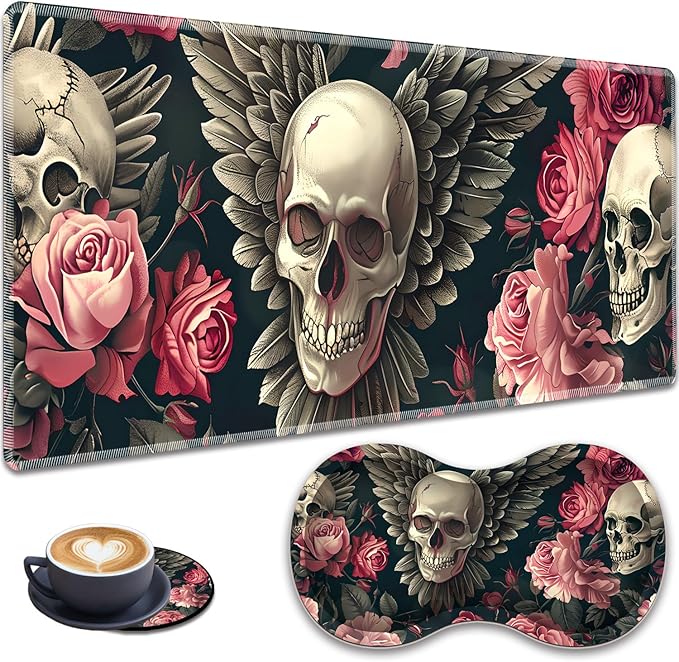 3-in-1 Large Mouse Pad Gaming Set (31.5 x 11.8 inch)+ Wrist Rest Pad + Coaster Memory Foam Gel Wrist Rest Pad for Pain Relief Stitched Edges Non-Slip Table Mat Rose Winged Skull
