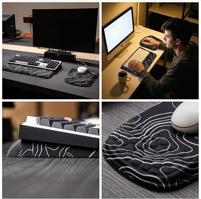 Keyboard Wrist Rest -Ergonomic Mouse Pad- with Carpal Tunnel Pain Relief Massage Bumps and Full Memory Gel Design - Ideal Frequent Computer (Line)
