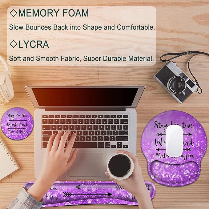 Keyboard Wrist Rest and Mouse Pad with Wrist Support Ergonomic Mouse Pad CoasterEasy Typing Pain ReliefKeyboard Mousepad SetStay Positive Work Hard and Make It Happen Purple Glitter