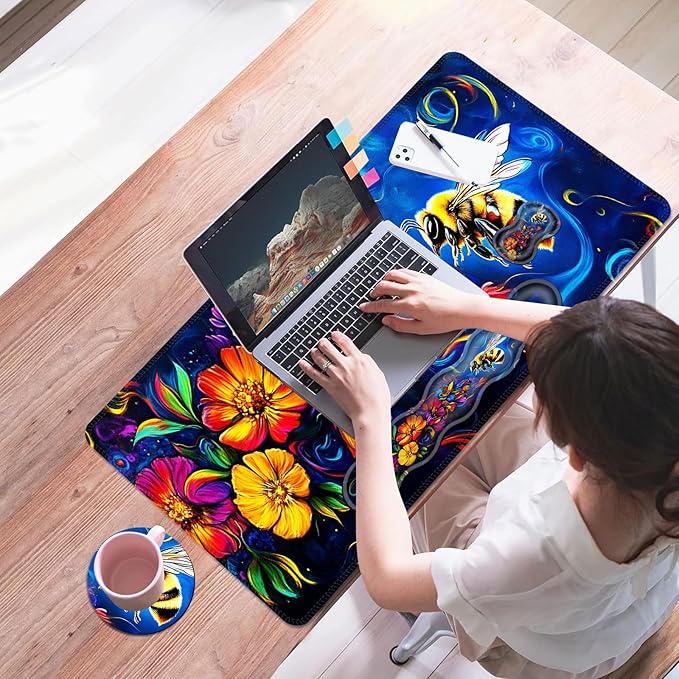 Mouse PadLarge Desk Mat Set 4in1 XL Mousepad + Keyboard Wrist Rest+Mouse Wrist Rest+Coaster with Ergonomic Desk Pad for Home Office Table Computer Cover -Bee and Vibrant Flowers